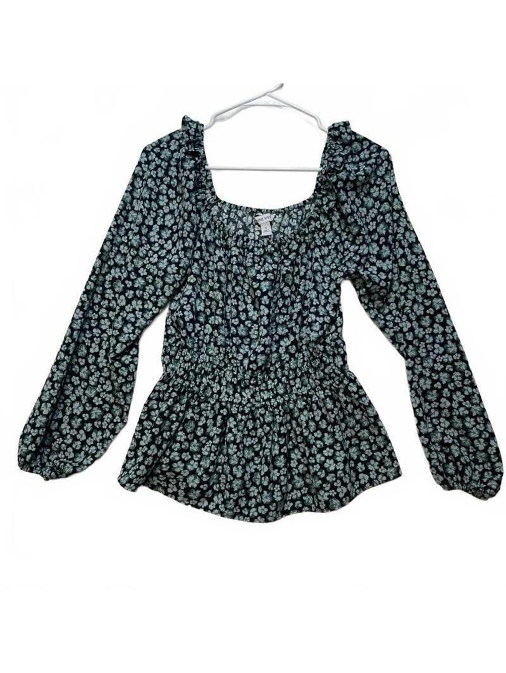 Nine West Women's Dark Green/Mint Floral Peplum Blouse Small Long Sleeve